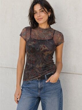 Paisley Semi Sheer Lace Top Brown Mock Neck Fairy Grunge 90s Y2K